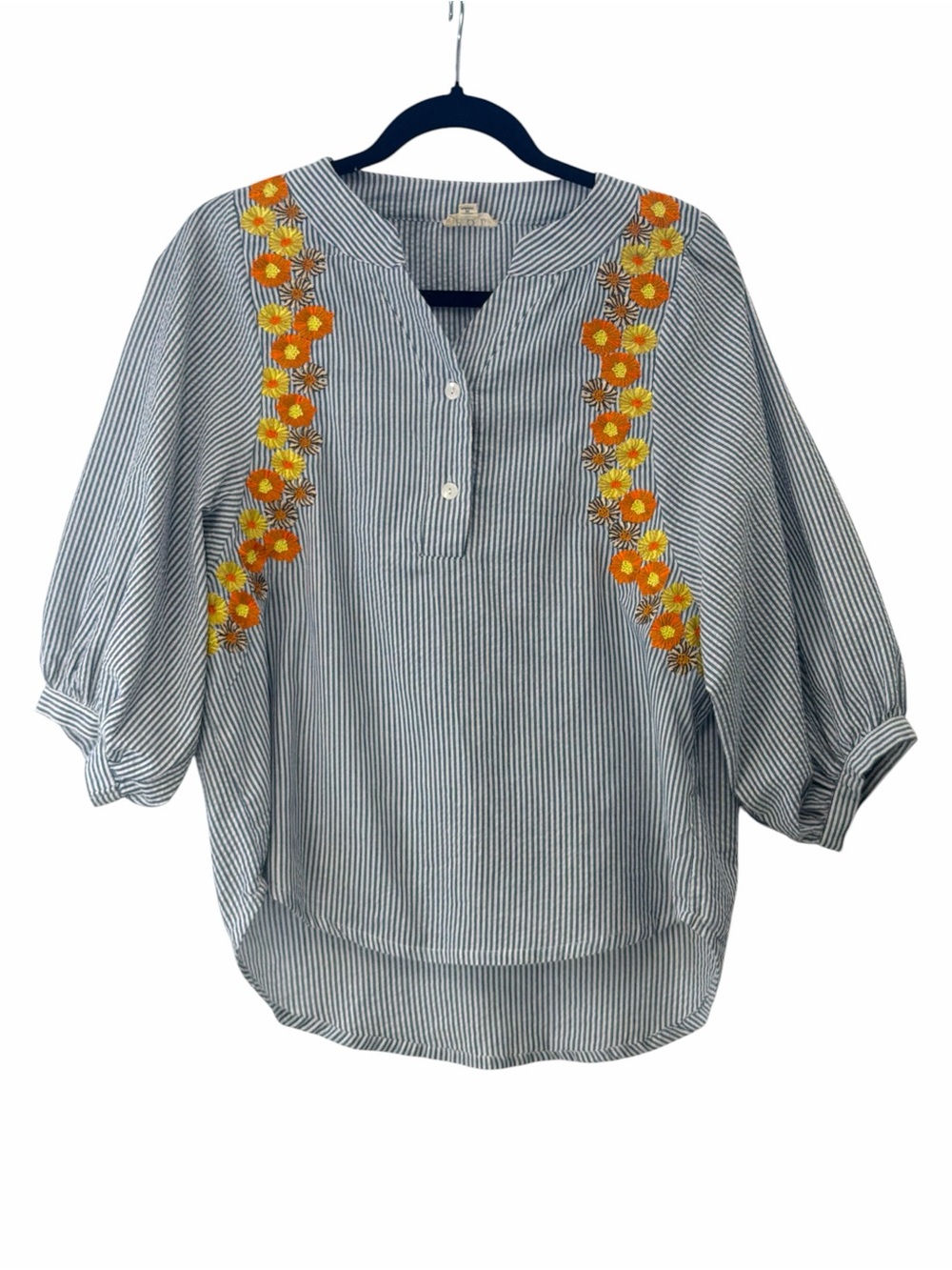 POL Blue White Striped Embroidered Peasant Blouse with Yellow Orange Floral Trim
